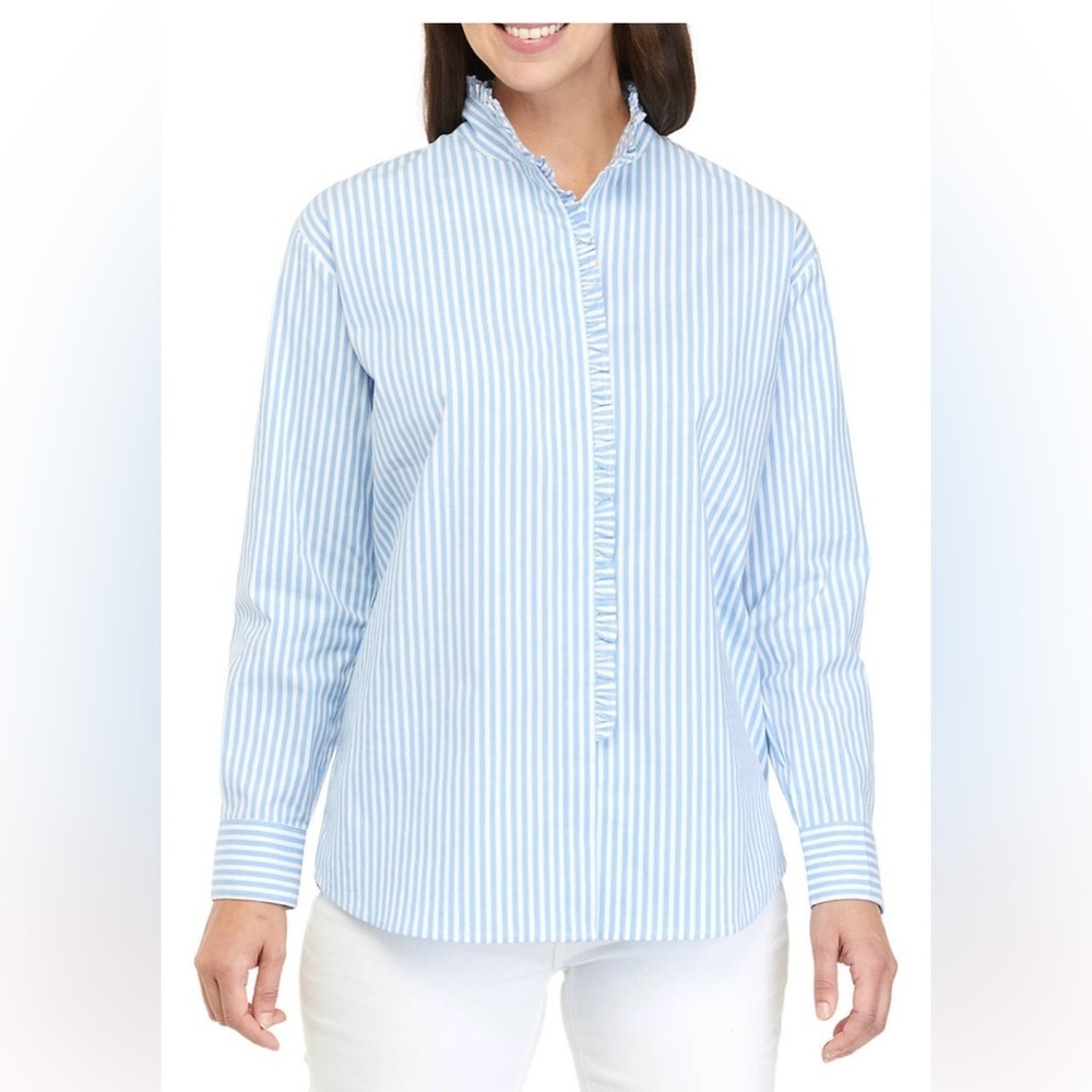 Crown & Ivy Women’s Medium Light Blue Striped Dress Shirt with ruffle detail